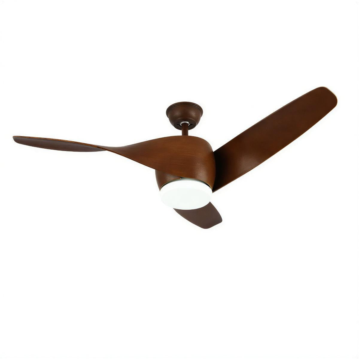 Modern fa mennyezeti ventilátor — ívelt lapátokkal, beépített világítással