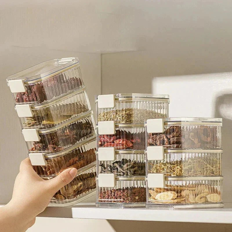 AromaGuard Stackable Multilayer Spice Containers — Clear View Trays, Space-Saving Base
