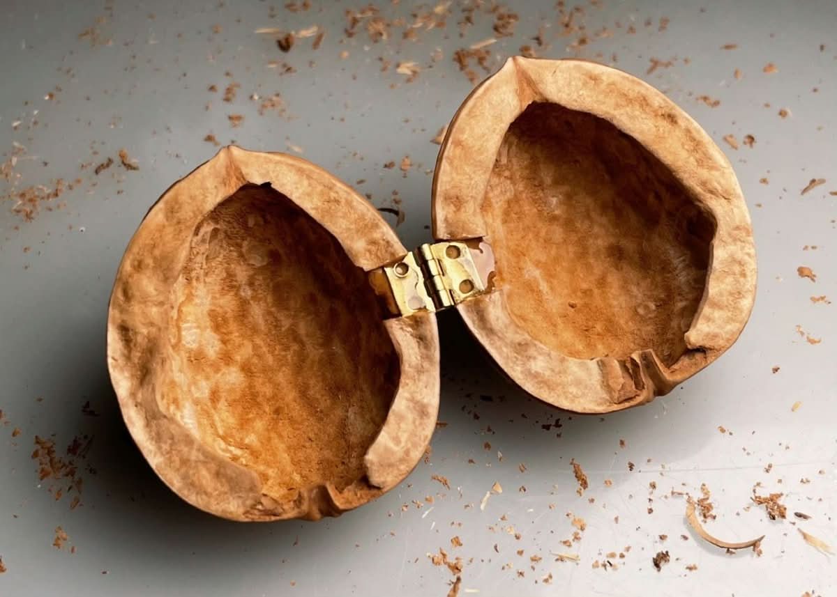 Whispering Walnut Shells dockhus — handgjort valnötsträskal, integrerad innerbelysning