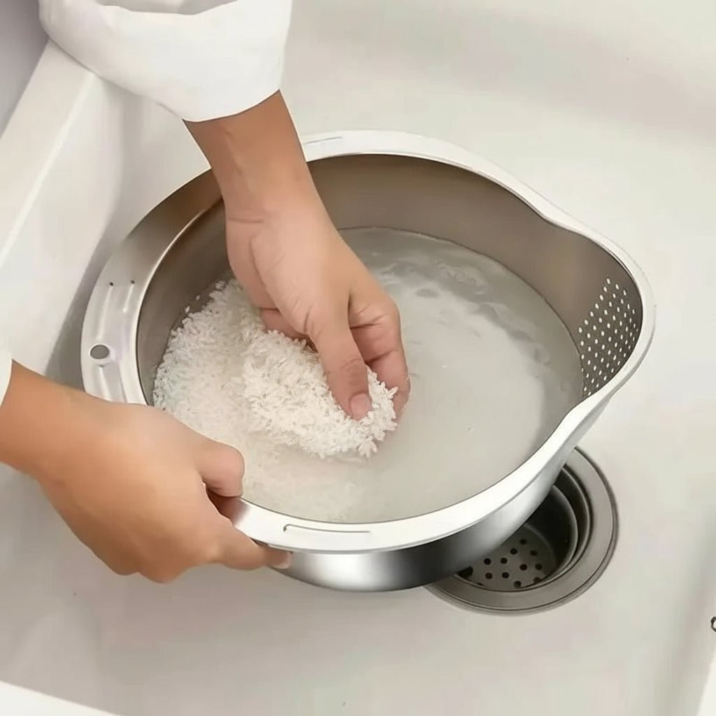 NovaPure-monikäyttöinen siiviläkulho — vakaa pohja pesuun, valuttamiseen ja esivalmisteluun