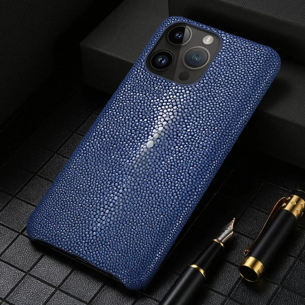 Coque en véritable peau de raie pour iPhone 11–17 Pro Max, antichoc
