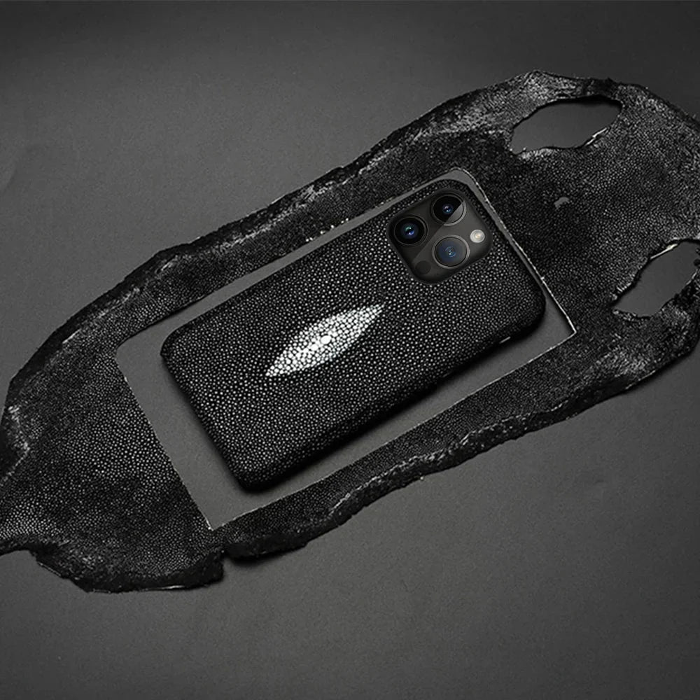 Coque en véritable peau de raie pour iPhone 11–17 Pro Max, antichoc