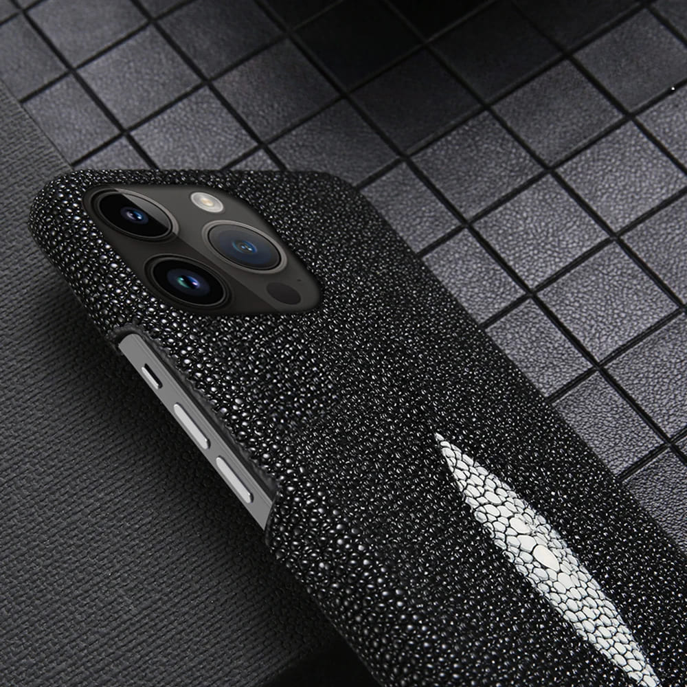 Coque en véritable peau de raie pour iPhone 11–17 Pro Max, antichoc