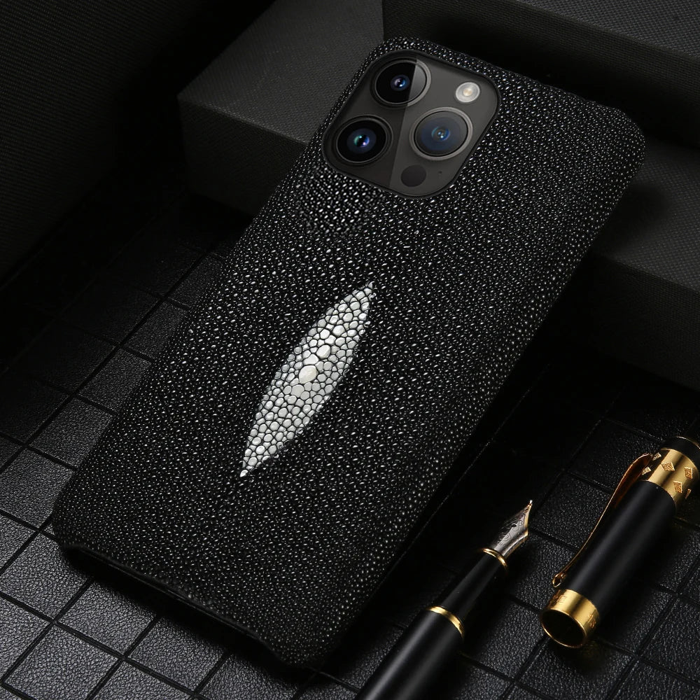 Coque en véritable peau de raie pour iPhone 11–17 Pro Max, antichoc