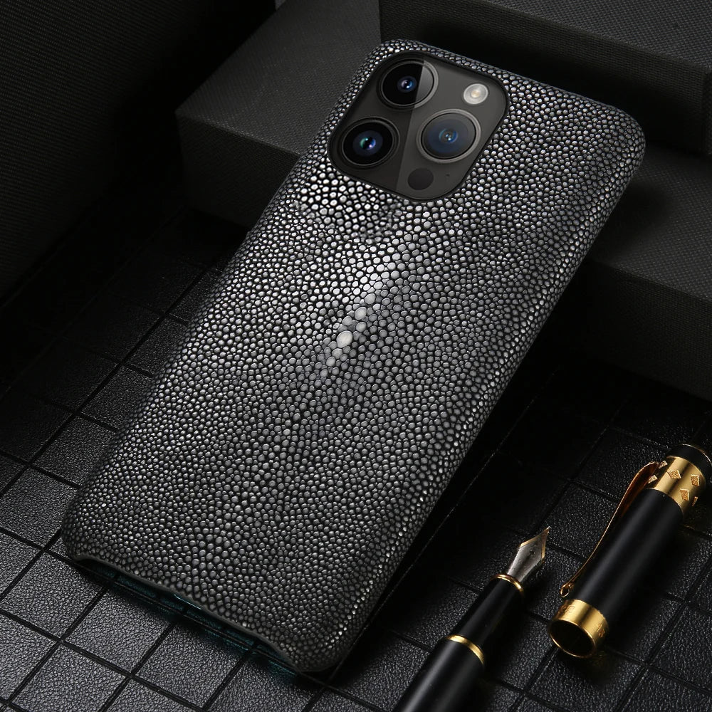 Coque en véritable peau de raie pour iPhone 11–17 Pro Max, antichoc