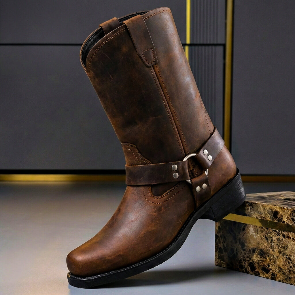 Bottes à harnais en cuir pour homme - mi-mollet, boucle métallique, style cowboy