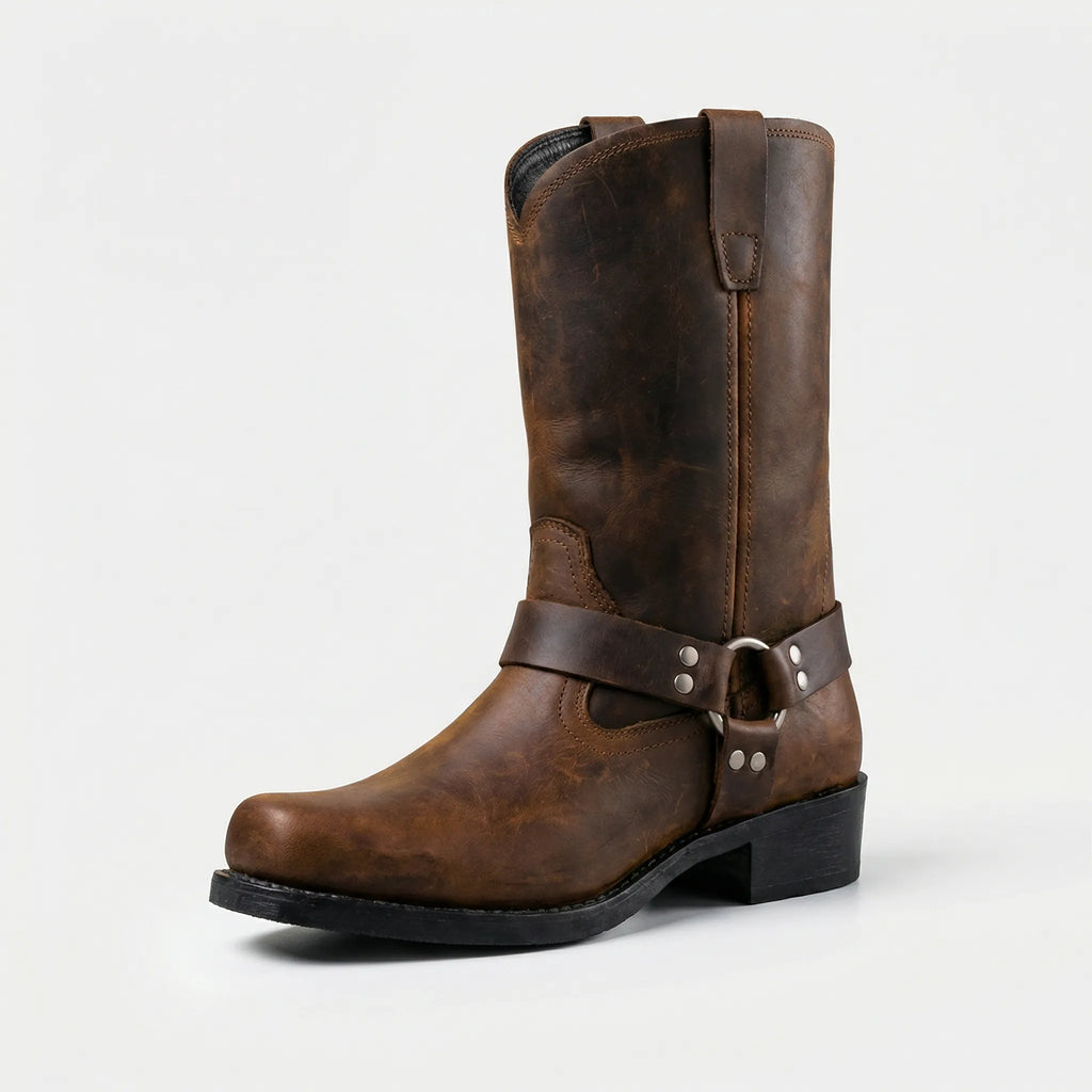 Bottes à harnais en cuir pour homme - mi-mollet, boucle métallique, style cowboy