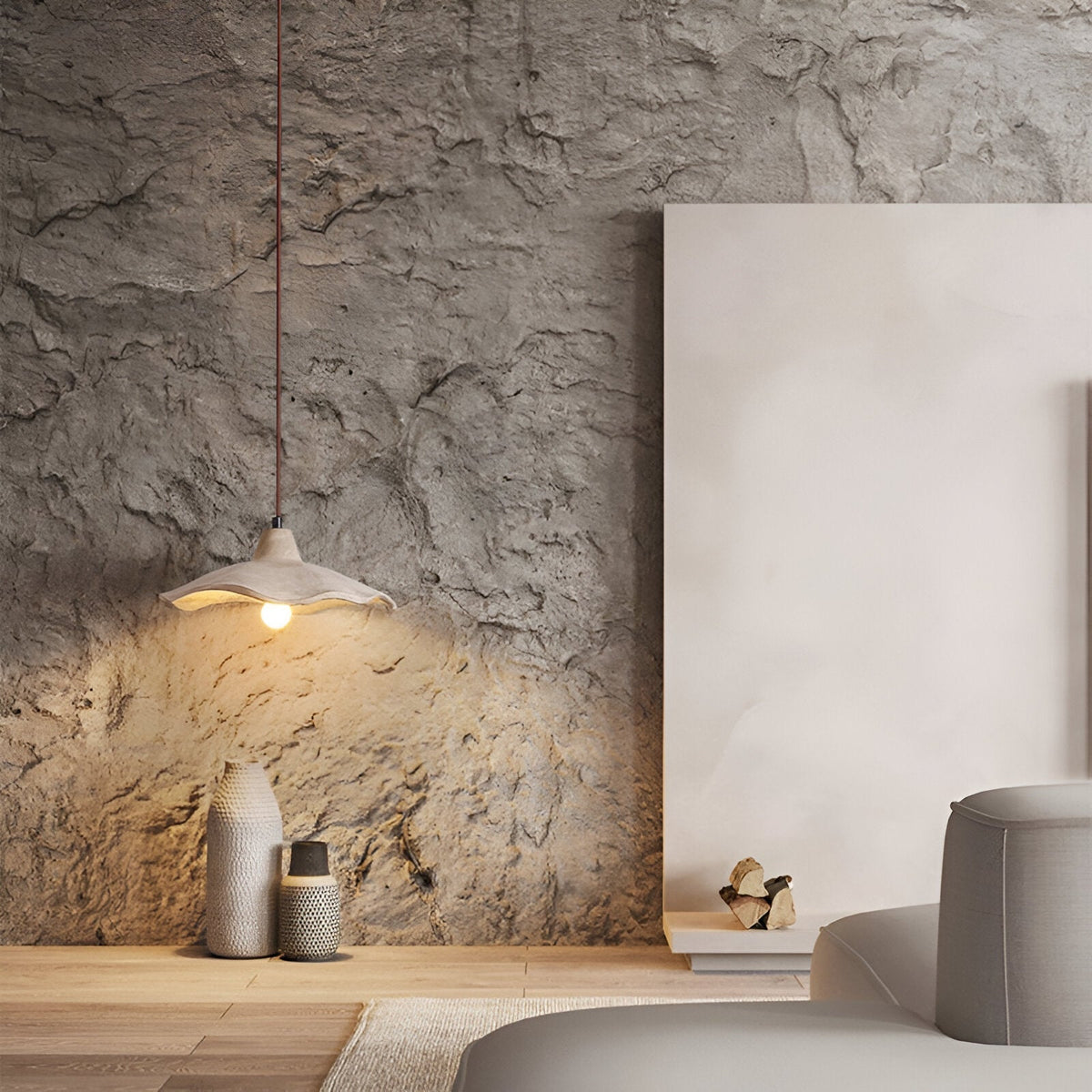 Betonnen hanglamp van 16 inch — Wabi-Sabi-bloemblaadje, geschikt voor led