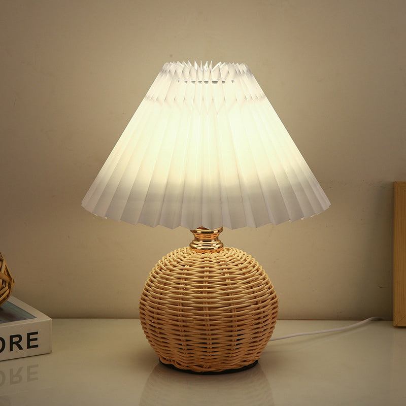 Rattan Base Table Lamp, Fabric Pleated Shade, USB Powered | Euroselle