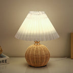 Rattan Base Table Lamp, Fabric Pleated Shade, USB Powered | Euroselle