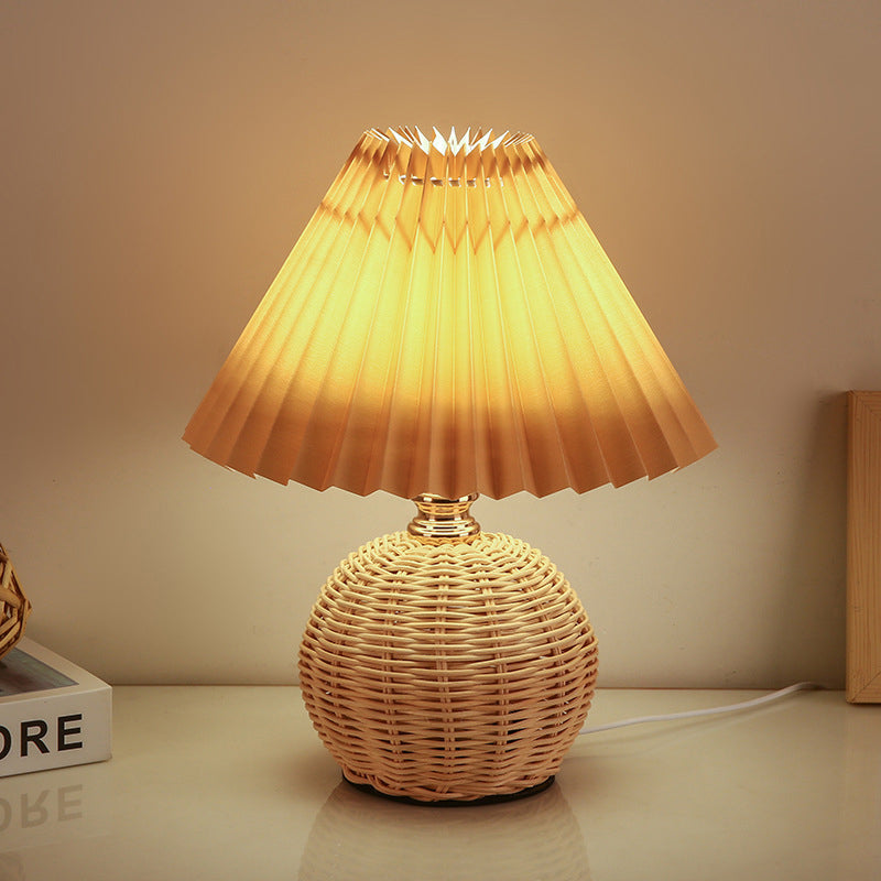 Rattan Base Table Lamp, Fabric Pleated Shade, USB Powered | Euroselle