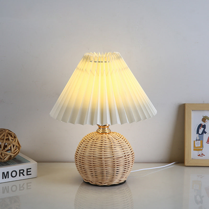 Rattan Base Table Lamp, Fabric Pleated Shade, USB Powered | Euroselle
