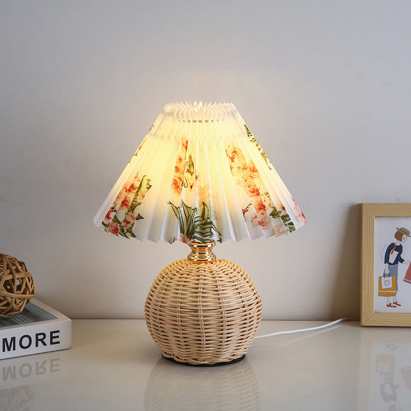 Rattan Base Table Lamp, Fabric Pleated Shade, USB Powered | Euroselle