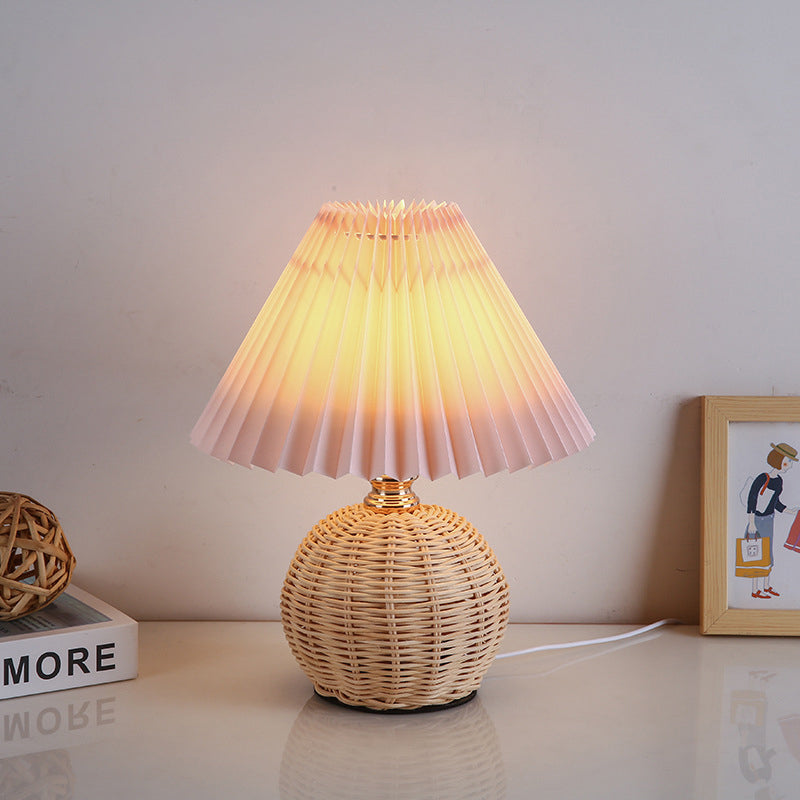 Rattan Base Table Lamp, Fabric Pleated Shade, USB Powered | Euroselle