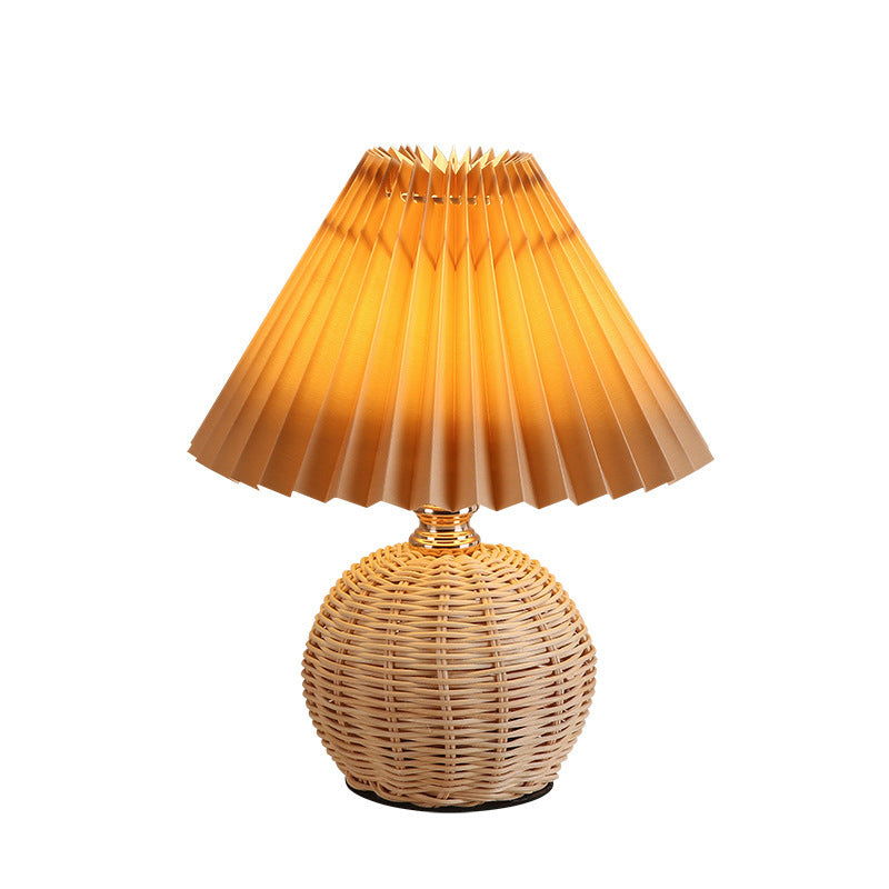Rattan Base Table Lamp, Fabric Pleated Shade, USB Powered | Euroselle