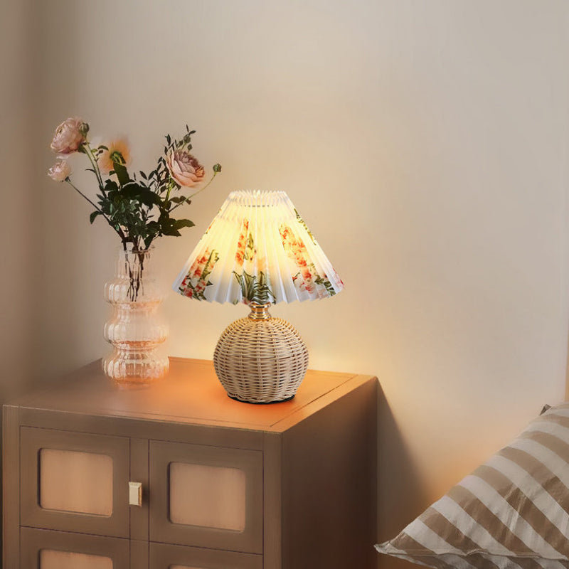 Rattan Base Table Lamp, Fabric Pleated Shade, USB Powered | Euroselle