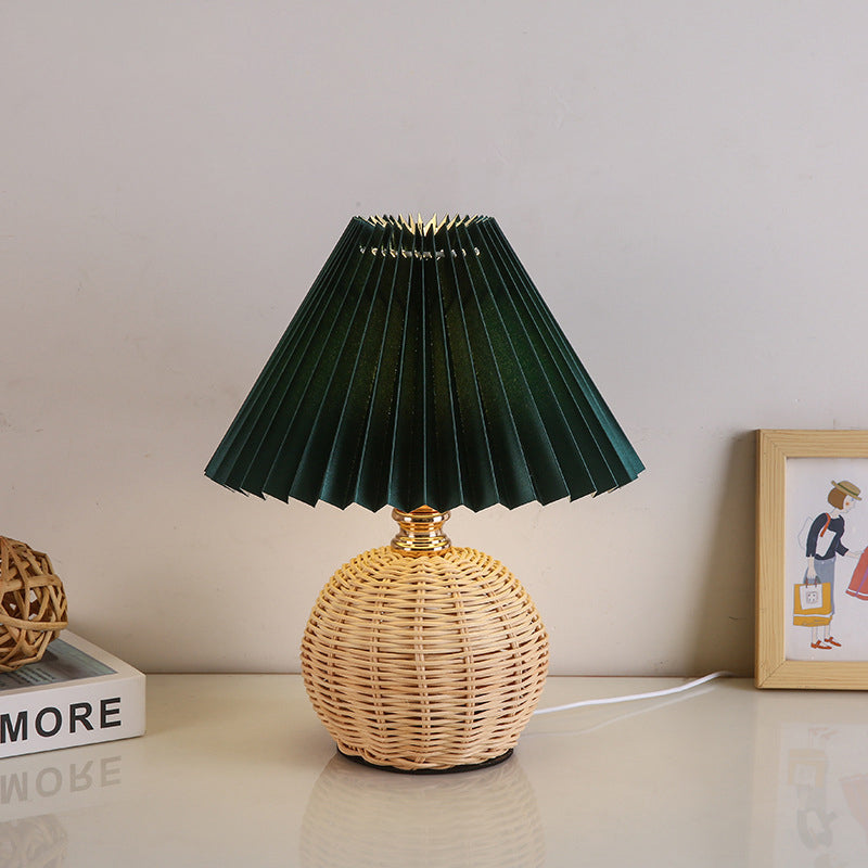 Rattan Base Table Lamp, Fabric Pleated Shade, USB Powered | Euroselle