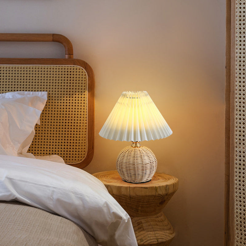 Rattan Base Table Lamp, Fabric Pleated Shade, USB Powered | Euroselle