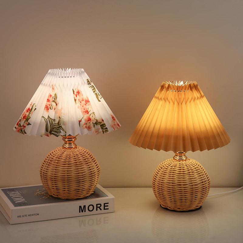 Rattan Base Table Lamp, Fabric Pleated Shade, USB Powered | Euroselle