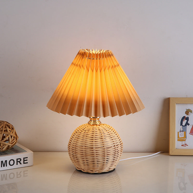 Rattan Base Table Lamp, Fabric Pleated Shade, USB Powered | Euroselle