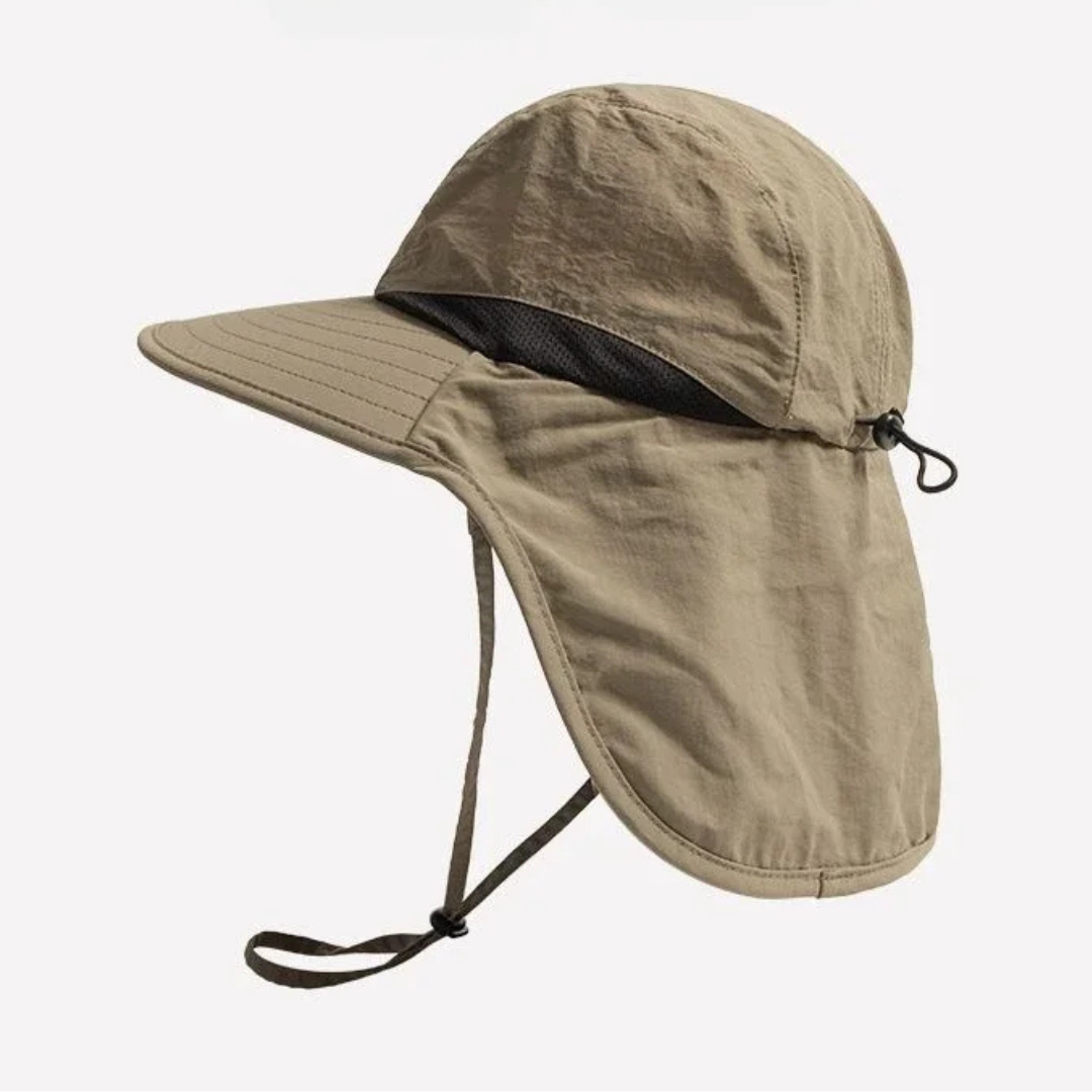 Chapeau de pêche à large bord — protection rabattable en maille UPF 50+ pour le cou et les oreilles