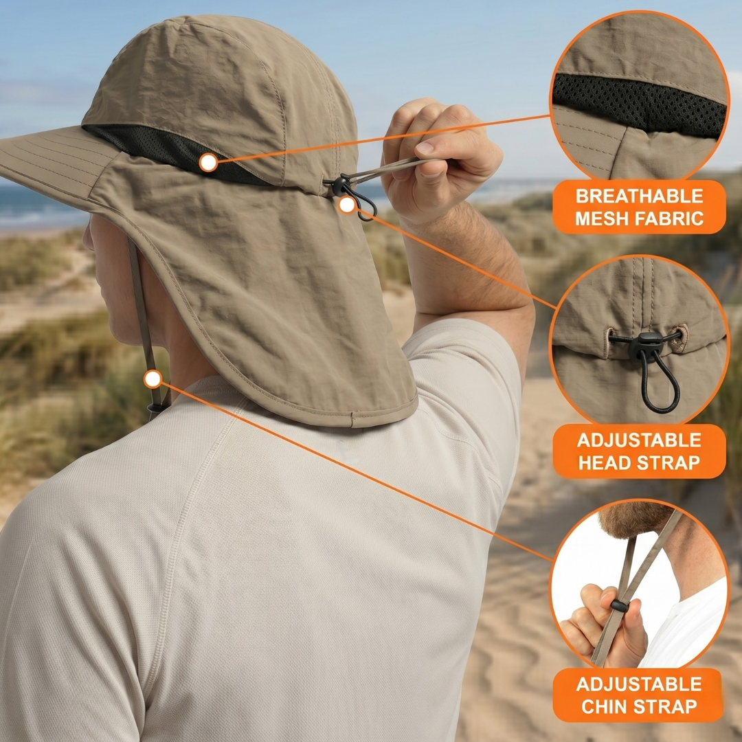 Chapeau de pêche à large bord — protection rabattable en maille UPF 50+ pour le cou et les oreilles