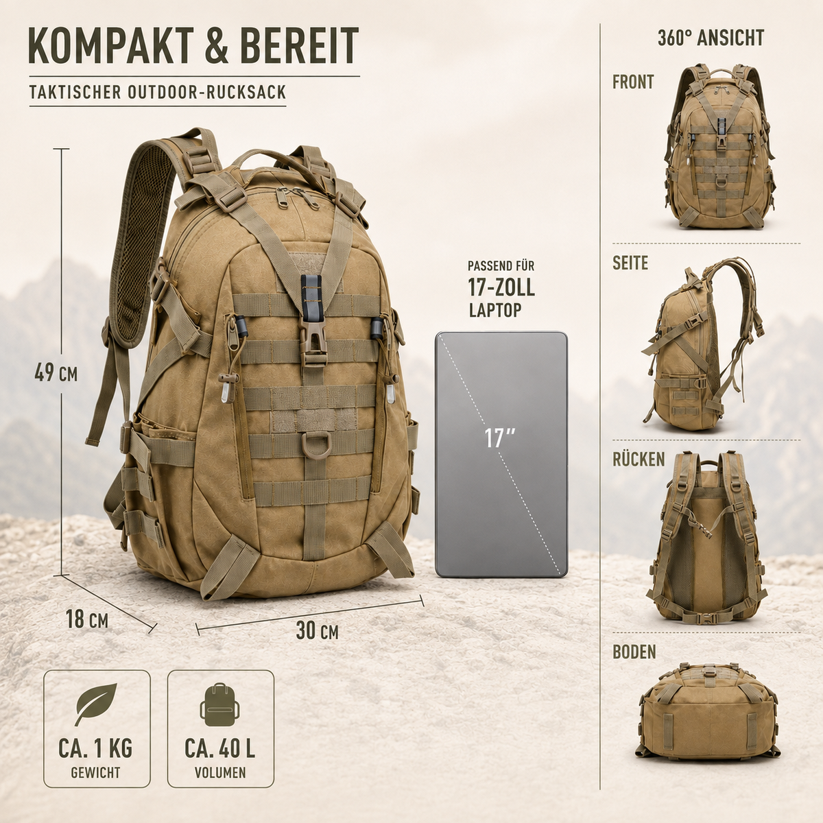 40-Liter-Taktik-Rucksack – wasserdichtes Laptopfach und MOLLE-Gurtband