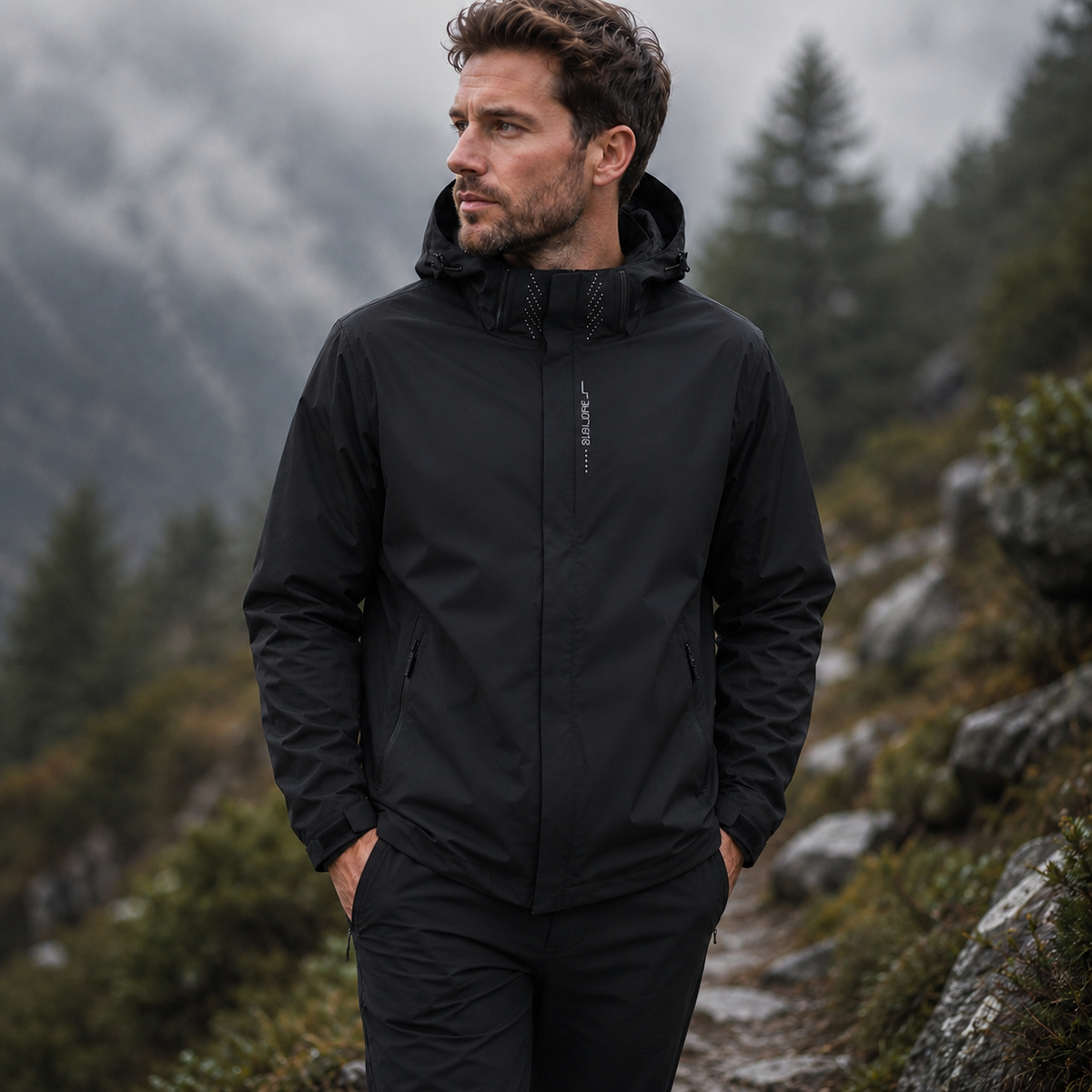 Veste de pluie légère à fermeture éclair pour homme — coque respirante à capuche