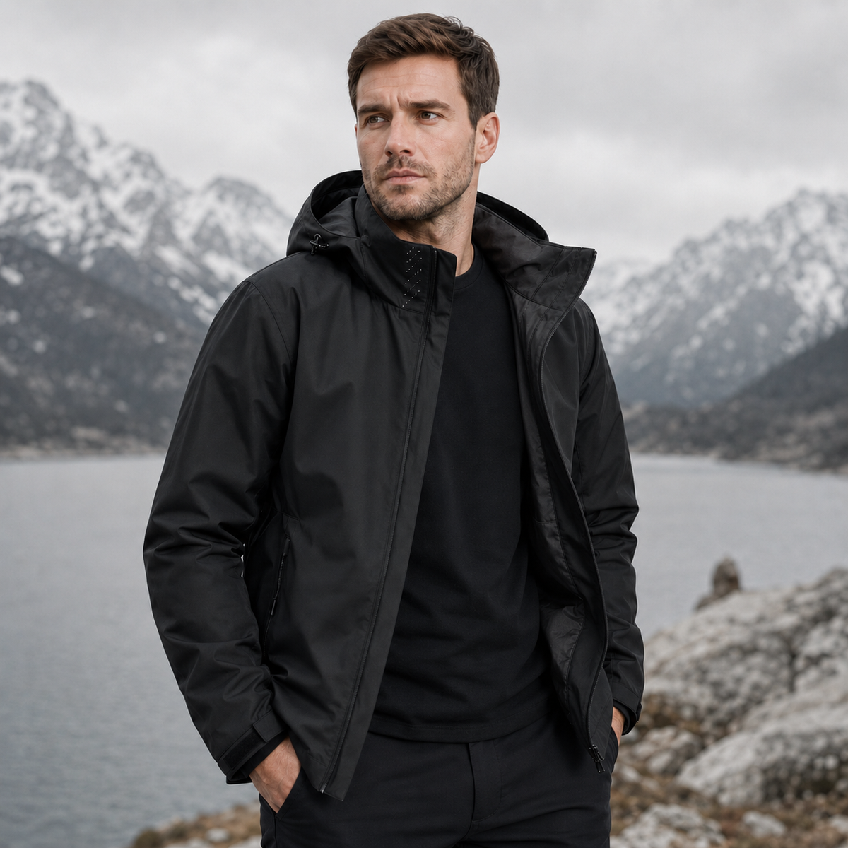 Veste de pluie légère à fermeture éclair pour homme — coque respirante à capuche