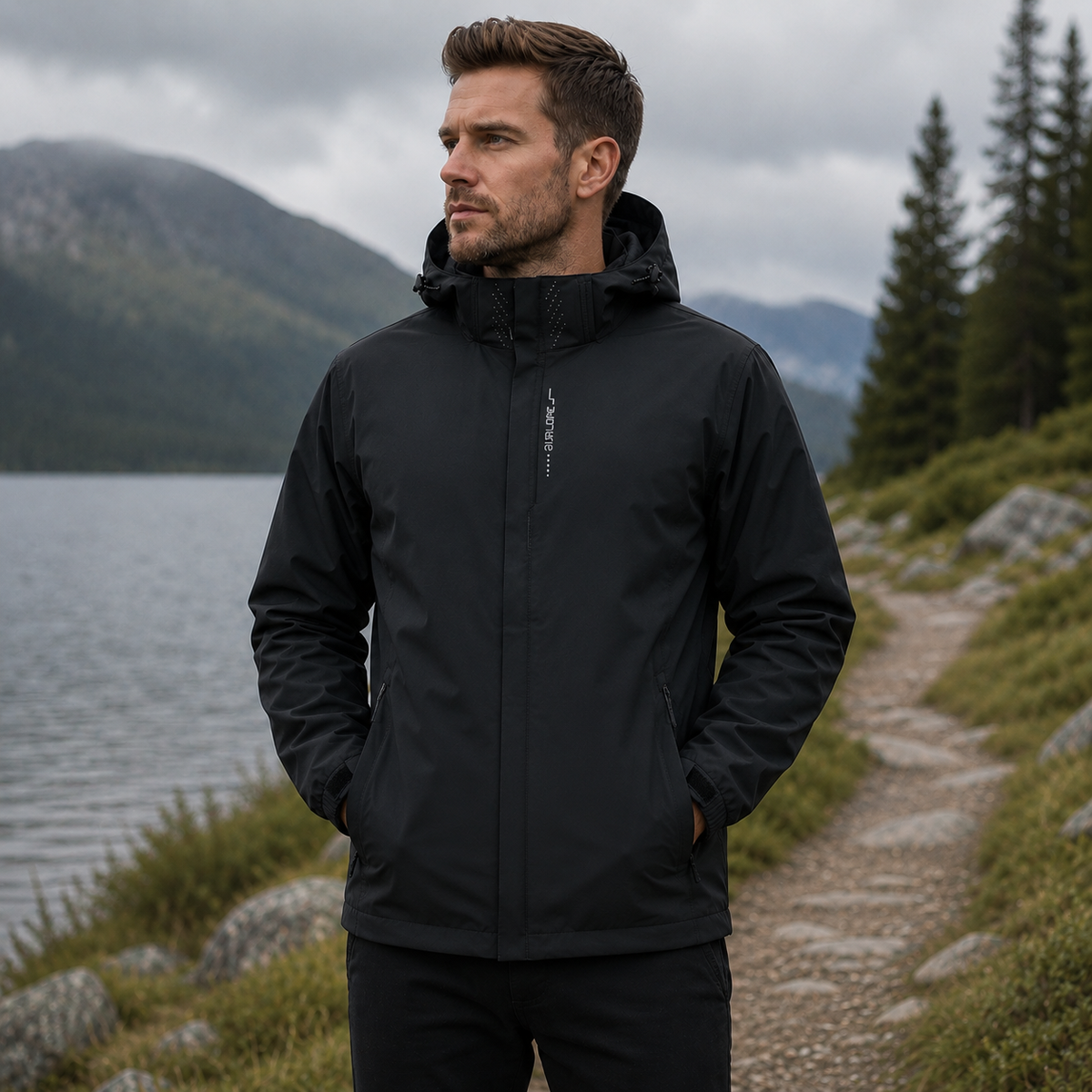 Veste de pluie légère à fermeture éclair pour homme — coque respirante à capuche