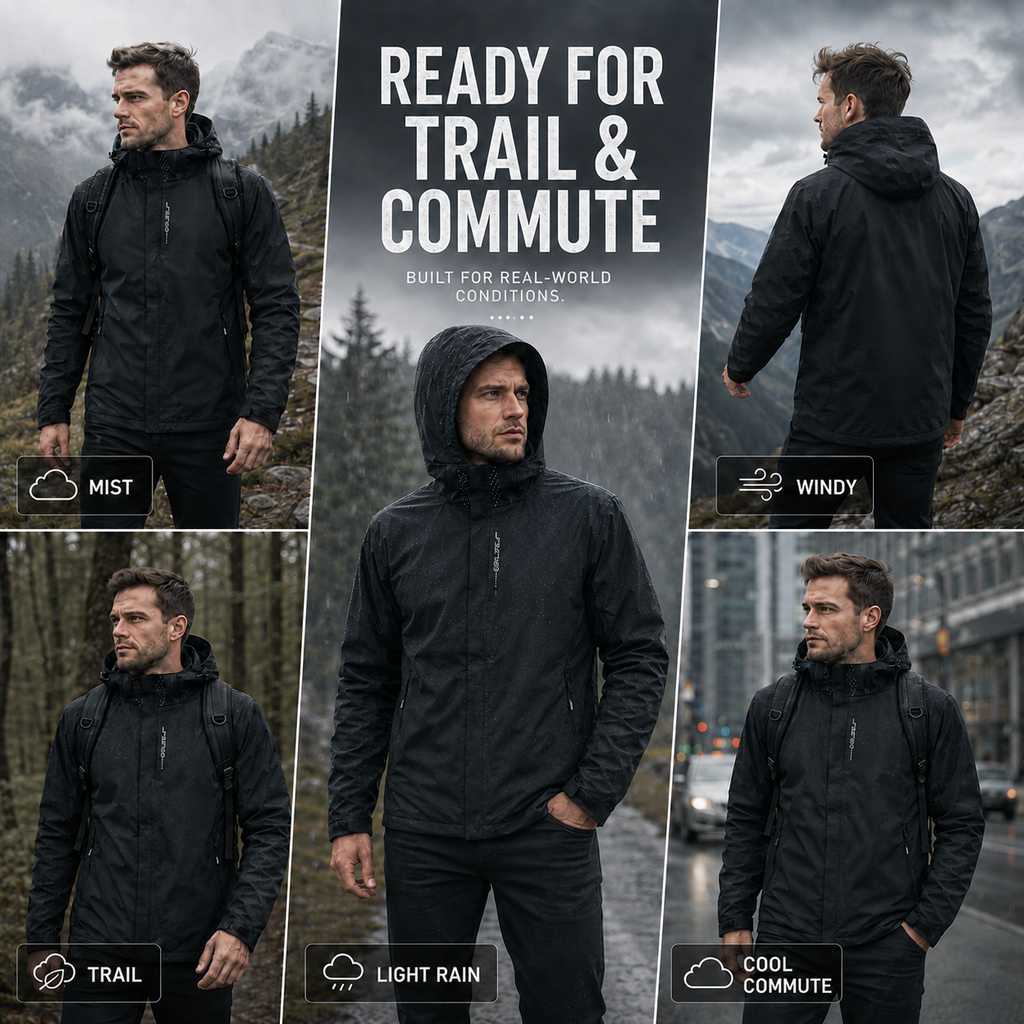 Veste de pluie légère à fermeture éclair pour homme — coque respirante à capuche