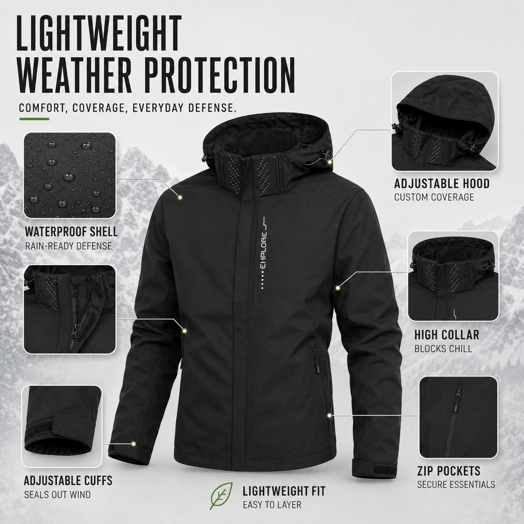 Veste de pluie légère à fermeture éclair pour homme — coque respirante à capuche