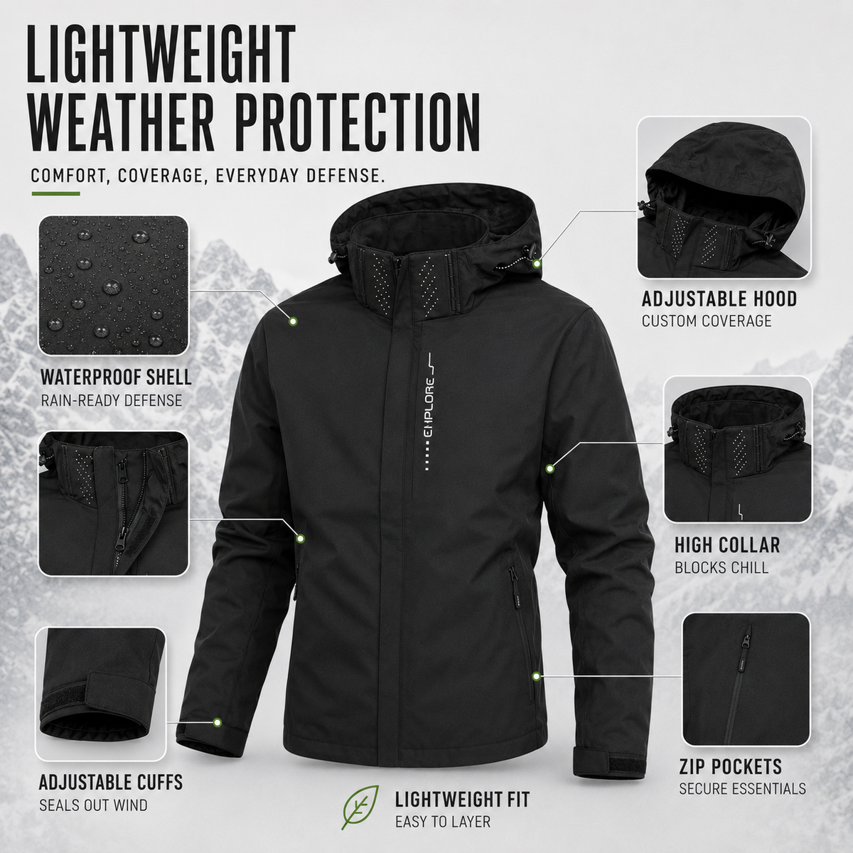 Veste de pluie légère à fermeture éclair pour homme — coque respirante à capuche