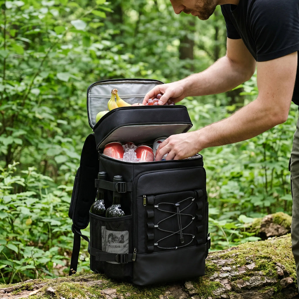 Nevera térmica tipo mochila — Dos compartimentos, bolsillos para botellas