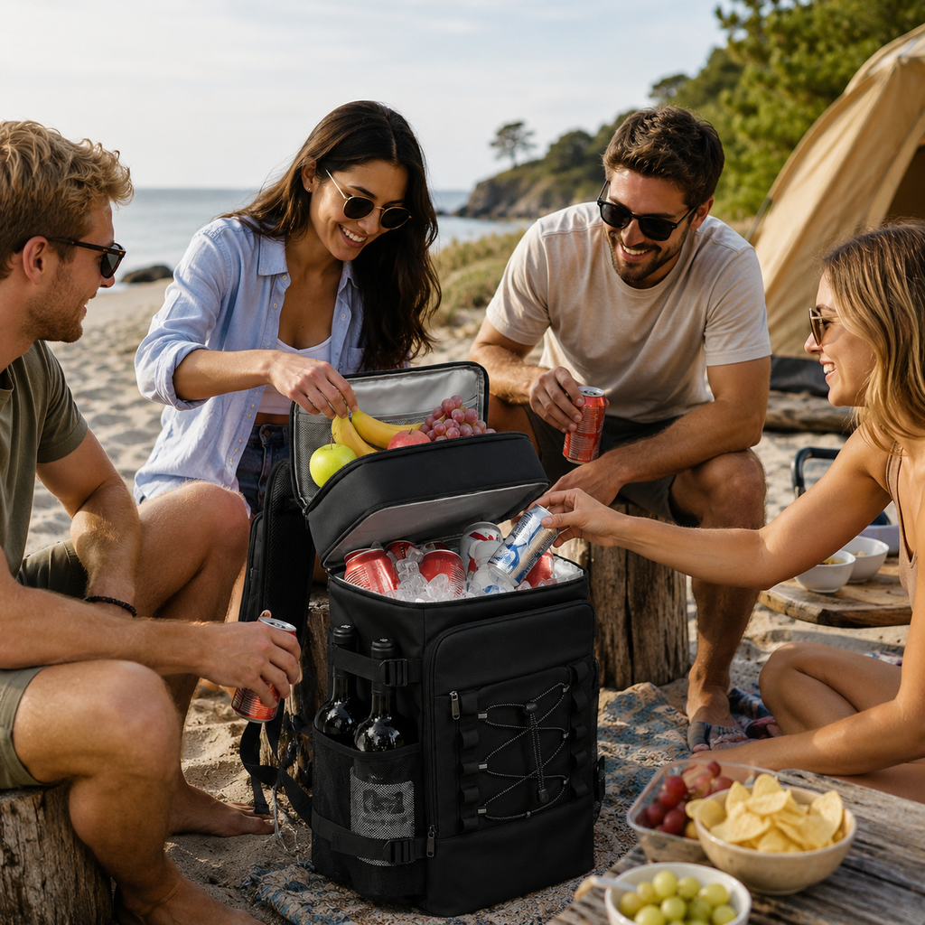 Nevera térmica tipo mochila — Dos compartimentos, bolsillos para botellas