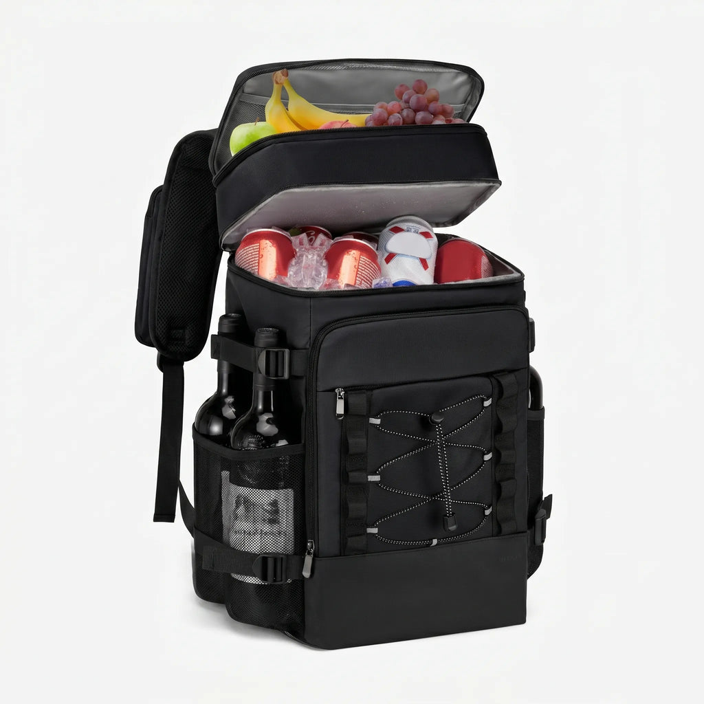 Nevera térmica tipo mochila — Dos compartimentos, bolsillos para botellas