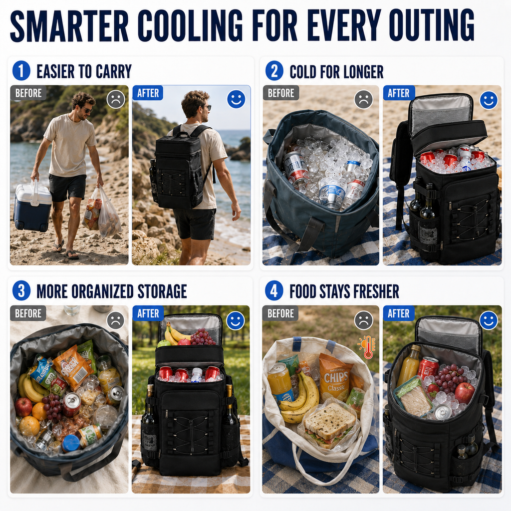 Nevera térmica tipo mochila — Dos compartimentos, bolsillos para botellas