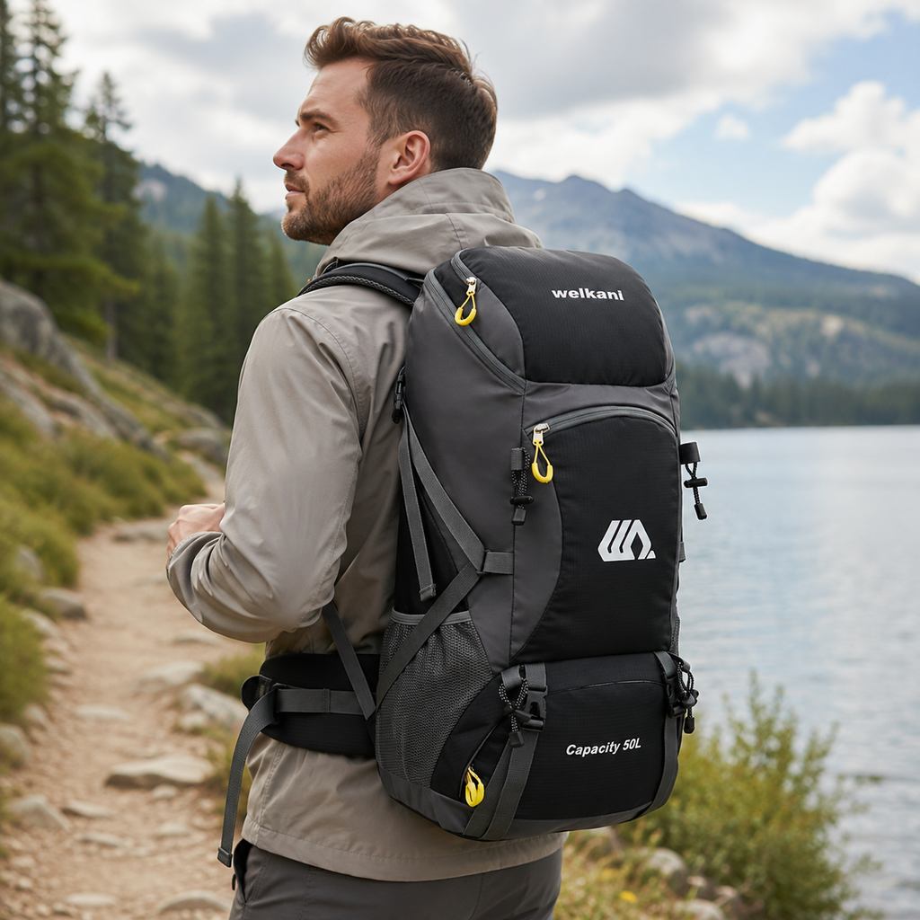 50L Hiking Backpack — Shoe Compartment, Padded Straps & Hip Belt