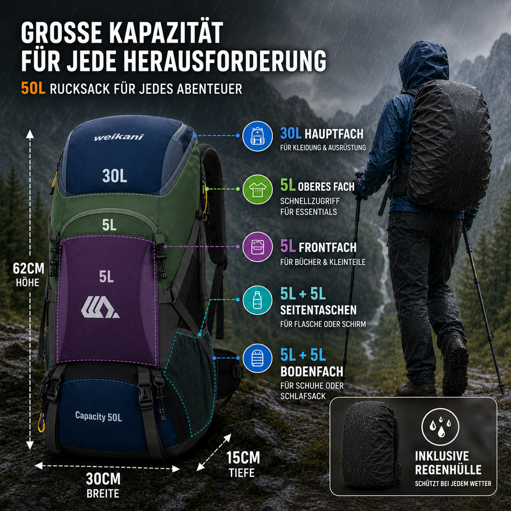 50L Hiking Backpack — Shoe Compartment, Padded Straps & Hip Belt