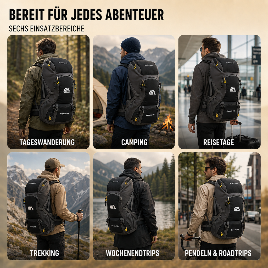 50L Hiking Backpack — Shoe Compartment, Padded Straps & Hip Belt