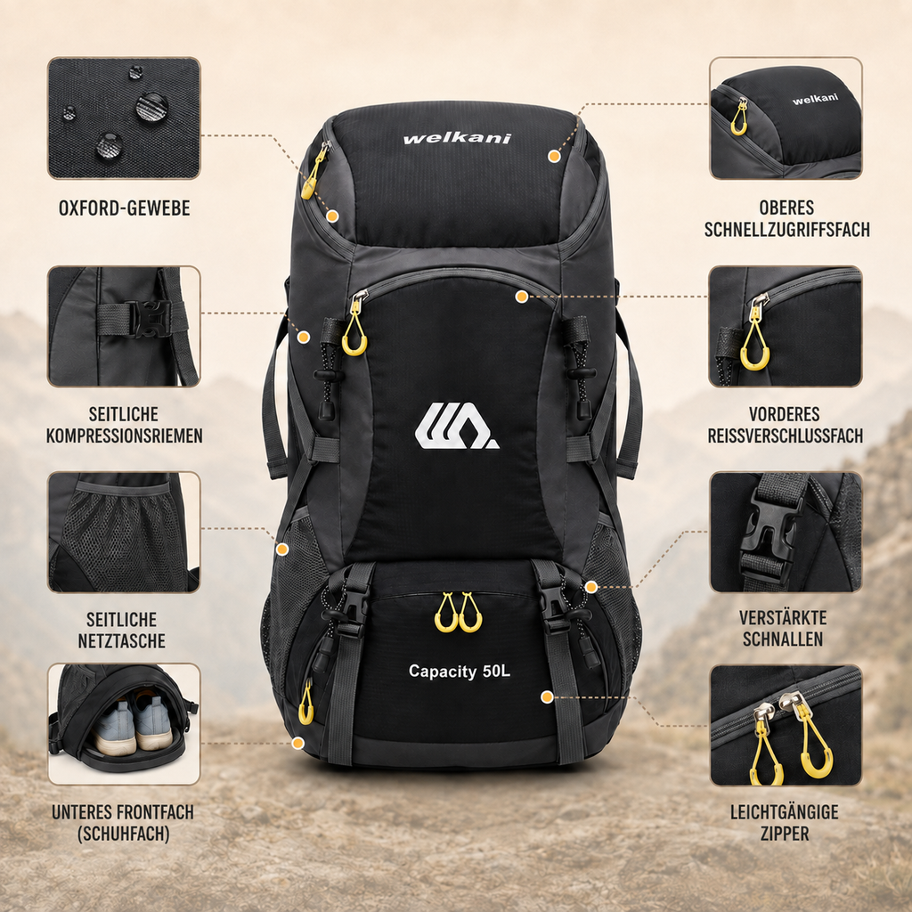 50L Hiking Backpack — Shoe Compartment, Padded Straps & Hip Belt