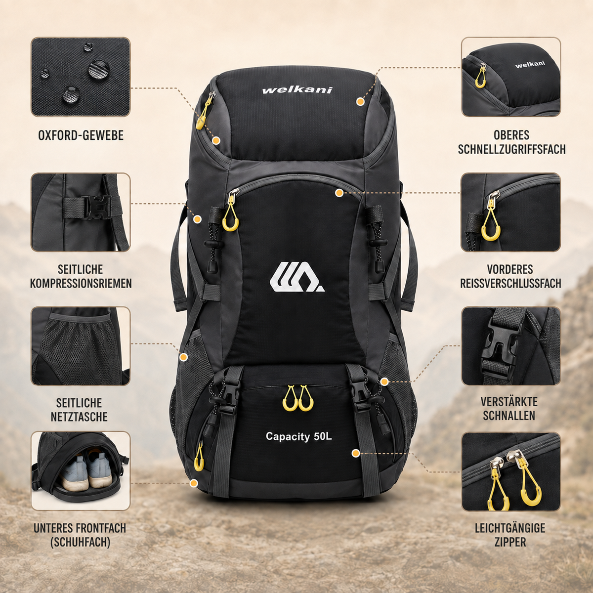 50L Hiking Backpack — Shoe Compartment, Padded Straps & Hip Belt