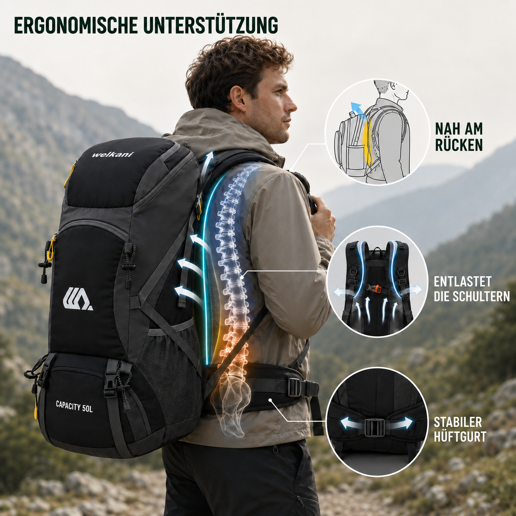 50L Hiking Backpack — Shoe Compartment, Padded Straps & Hip Belt