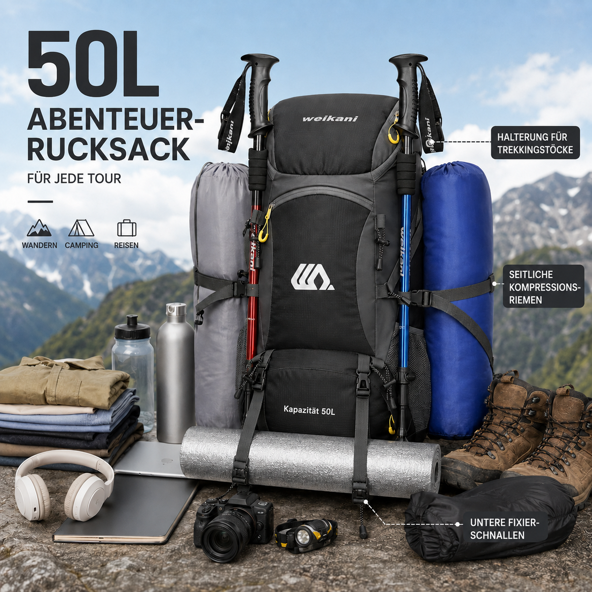 50L Hiking Backpack — Shoe Compartment, Padded Straps & Hip Belt