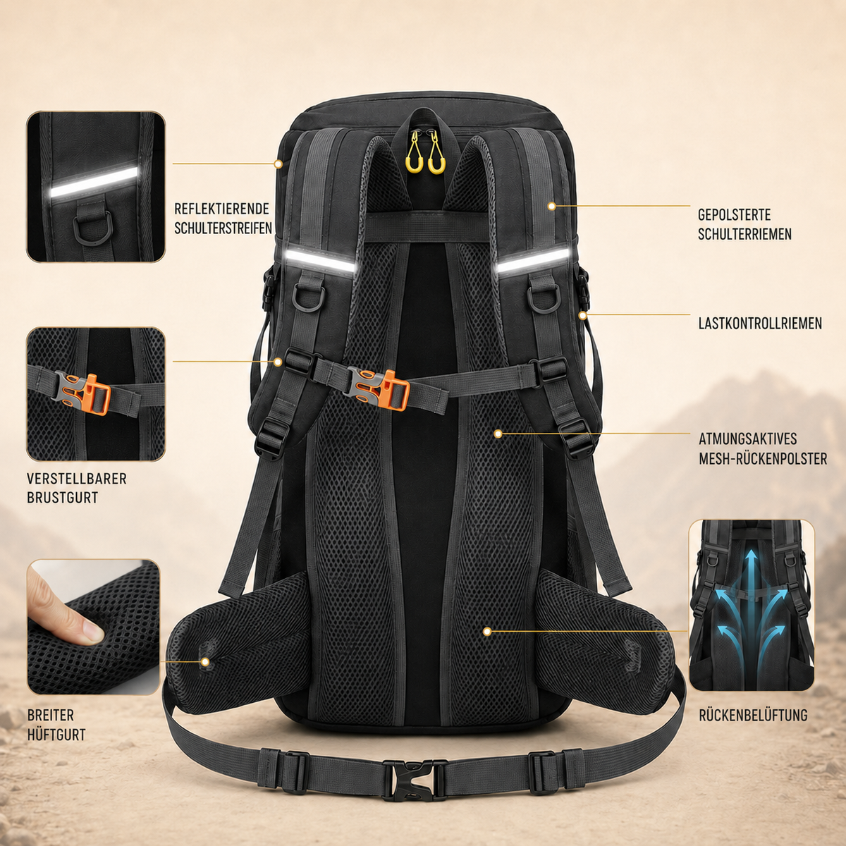 50L Hiking Backpack — Shoe Compartment, Padded Straps & Hip Belt