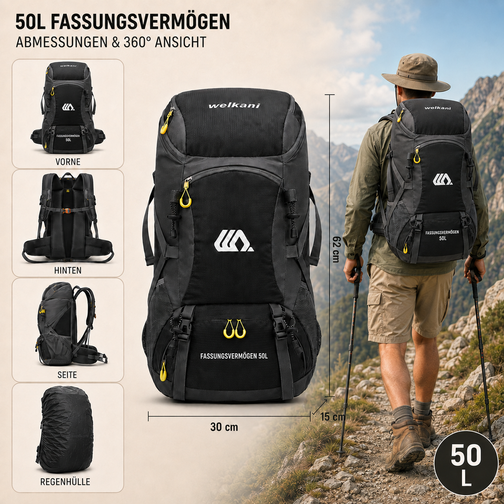 50L Hiking Backpack — Shoe Compartment, Padded Straps & Hip Belt