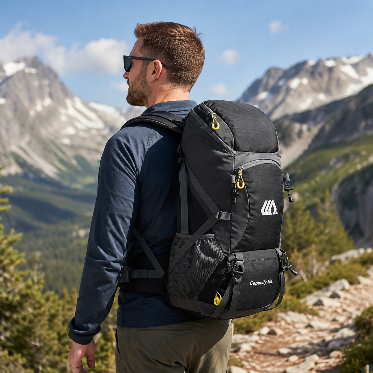 50L Hiking Backpack — Shoe Compartment, Padded Straps & Hip Belt