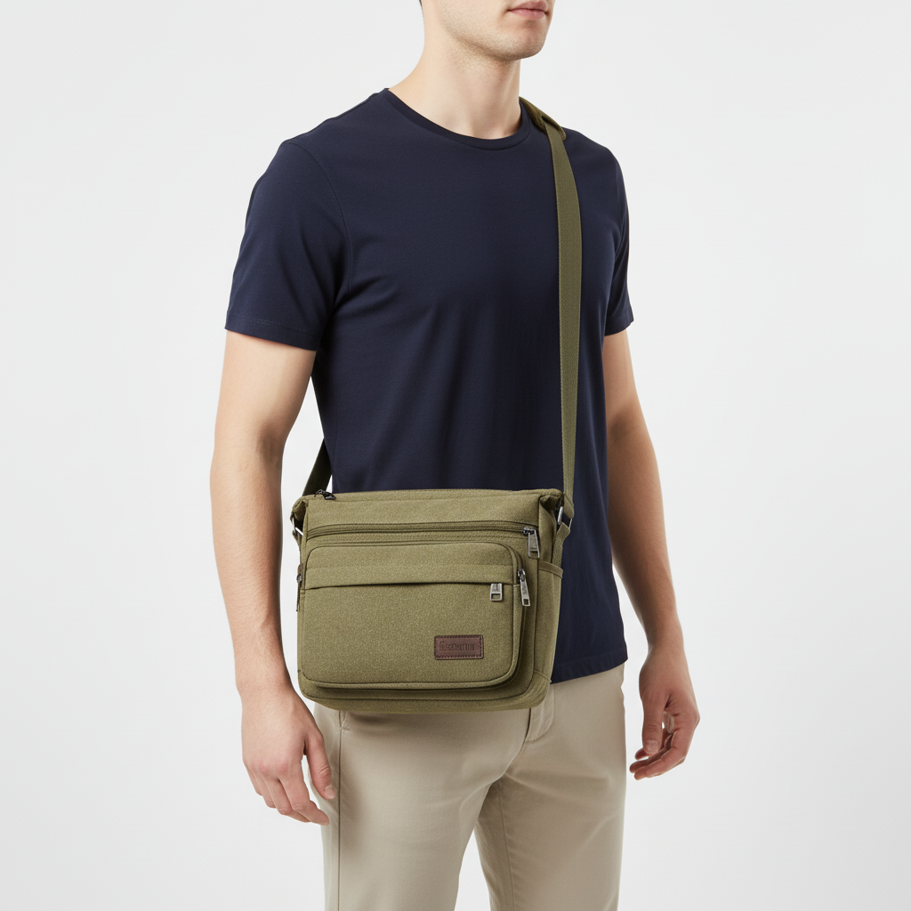 Bolso bandolera de lona — correa ajustable, bolsillos con cremallera