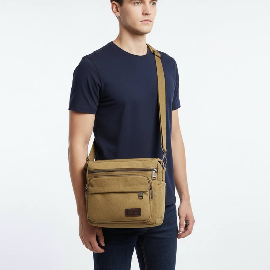 Bolso bandolera de lona — correa ajustable, bolsillos con cremallera