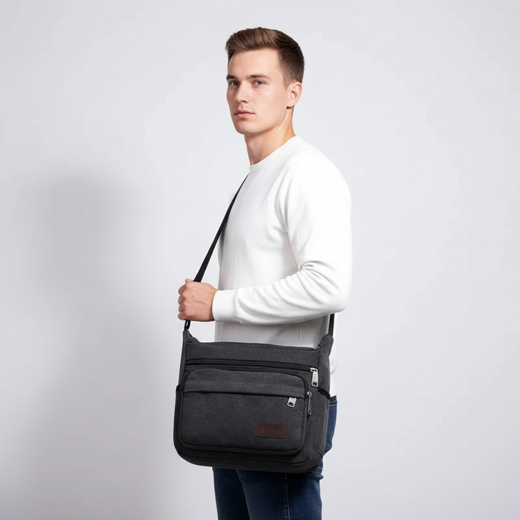 Bolso bandolera de lona — correa ajustable, bolsillos con cremallera